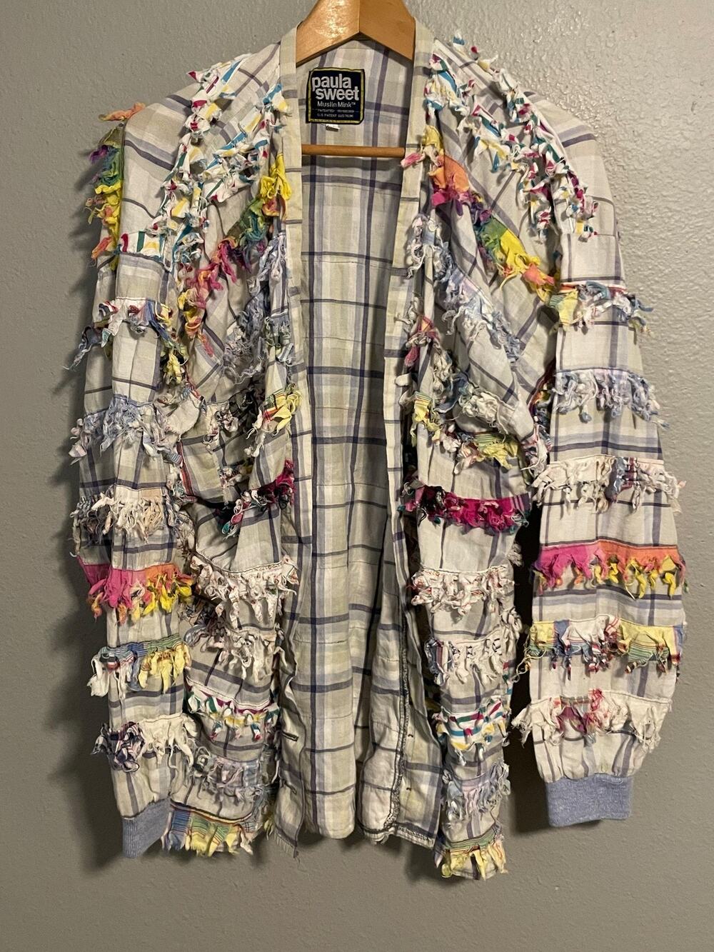 Vintage Paula Sweet Jacket Womens Medium Muslin Mink Plaid Fringe Boho Artsy